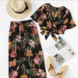 Floral Print Knot Top with Wide leg pants